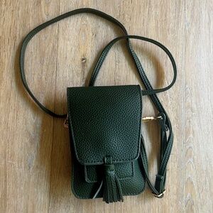 Dark Green Real Leather Cell phone crossbody Bag